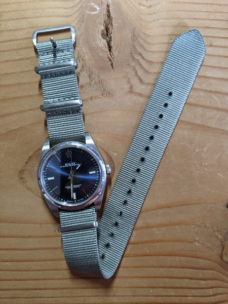 Ballistic grey NATO strap with brushed hardware